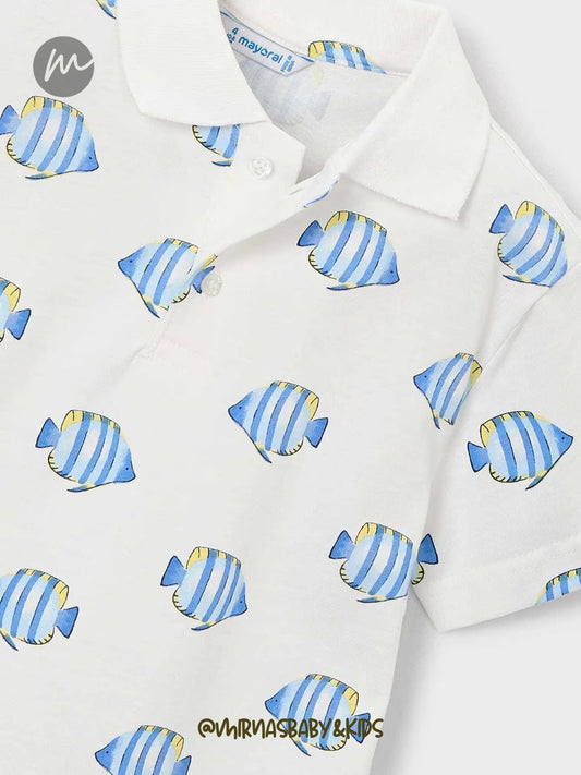 Conjunto de 2pcs camisa tipo polo de peces, y short azul cargo