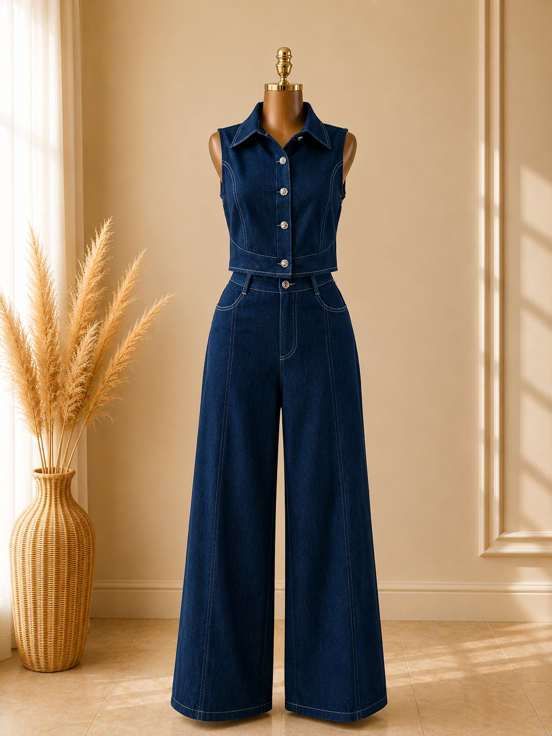 TRAJE JEANS SIN MANGAS DE COSTURAS BLANCAS