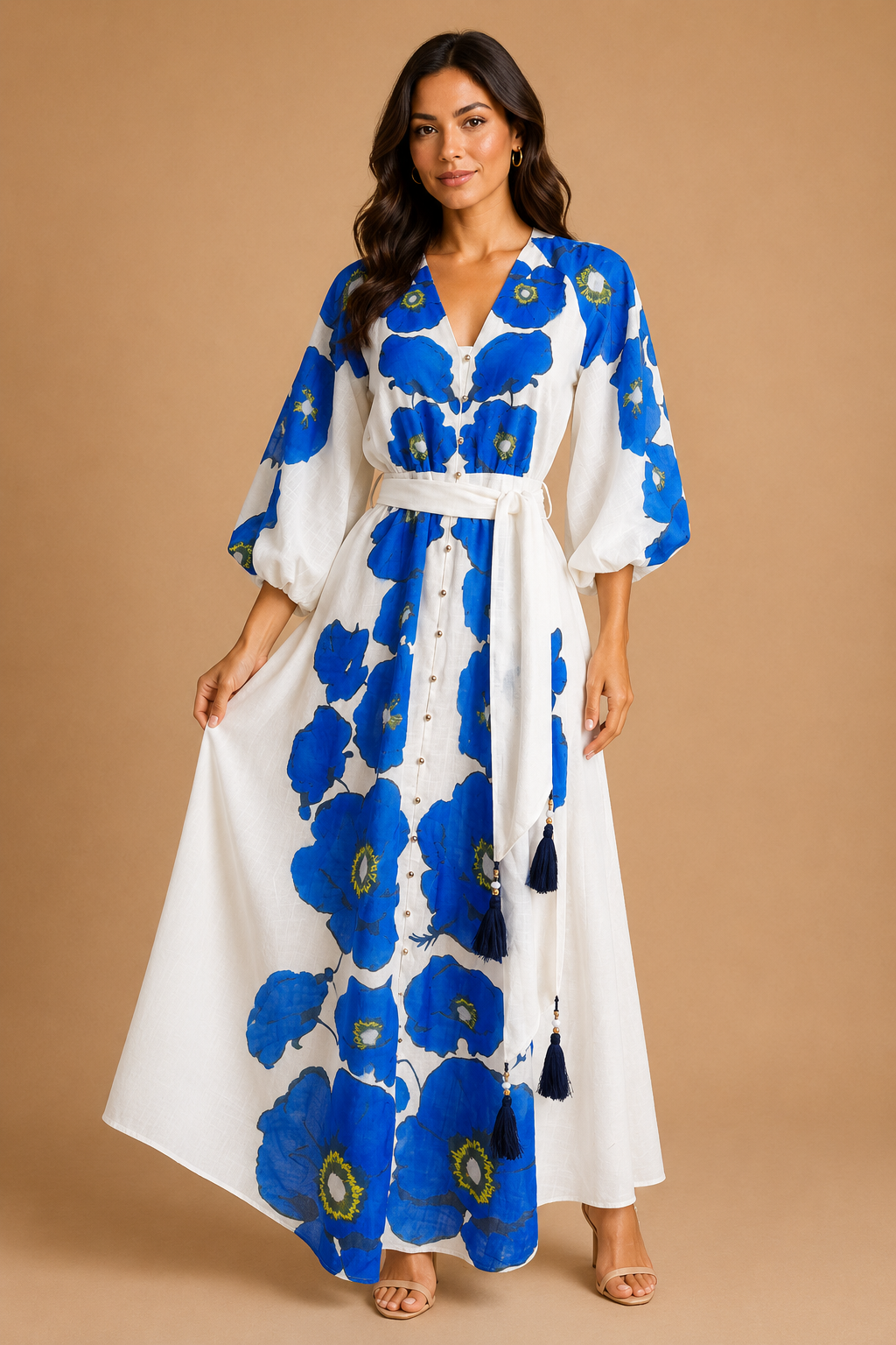 Vestido Largo Estampado Floral Azul y Blanco