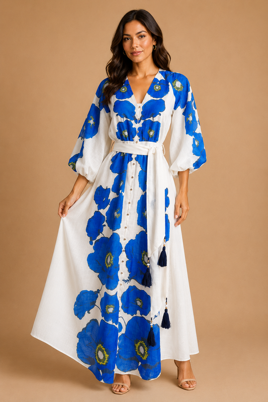 Vestido Largo Estampado Floral Azul y Blanco