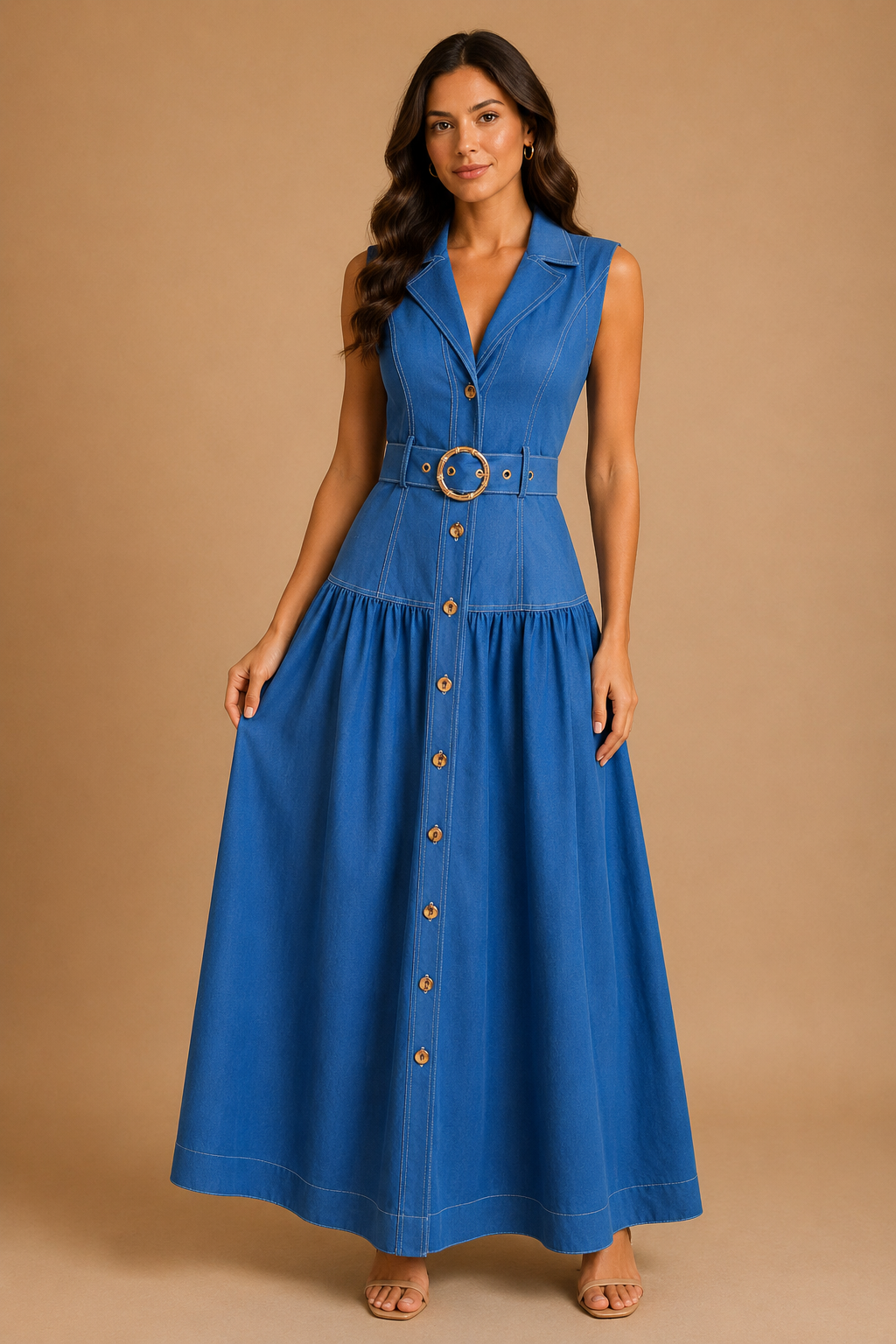 VESTIDO TELA TIPO JEANS DE COSTURAS BLANCAS CON CINTURON
