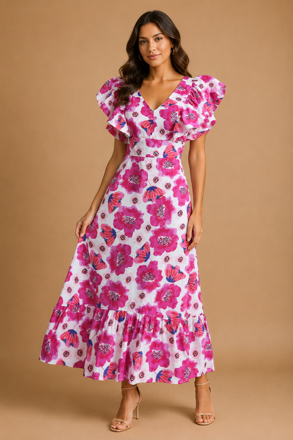 VESTIDO NLANCO DE FLORES FUCSIAS
