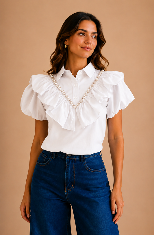 CAMISA DE RUEBLO AZUL CLARO CON ACCESORIOS PLATEADOS