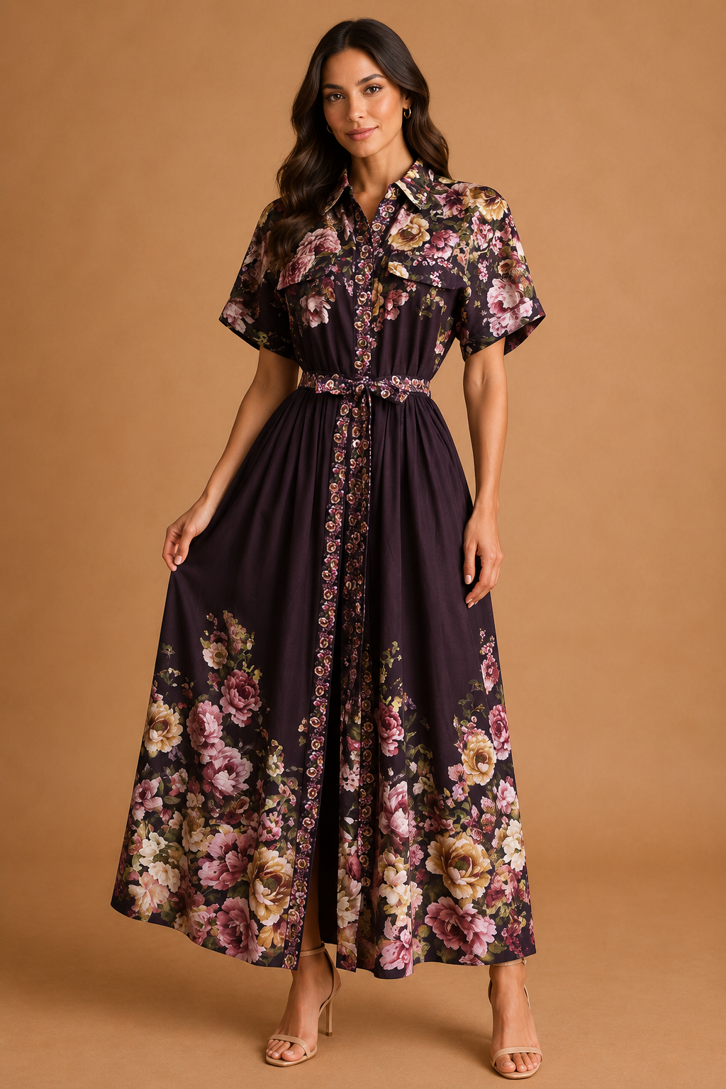 VESTIDO CAFÉ CON FLORES ARRIBA Y ABAJO