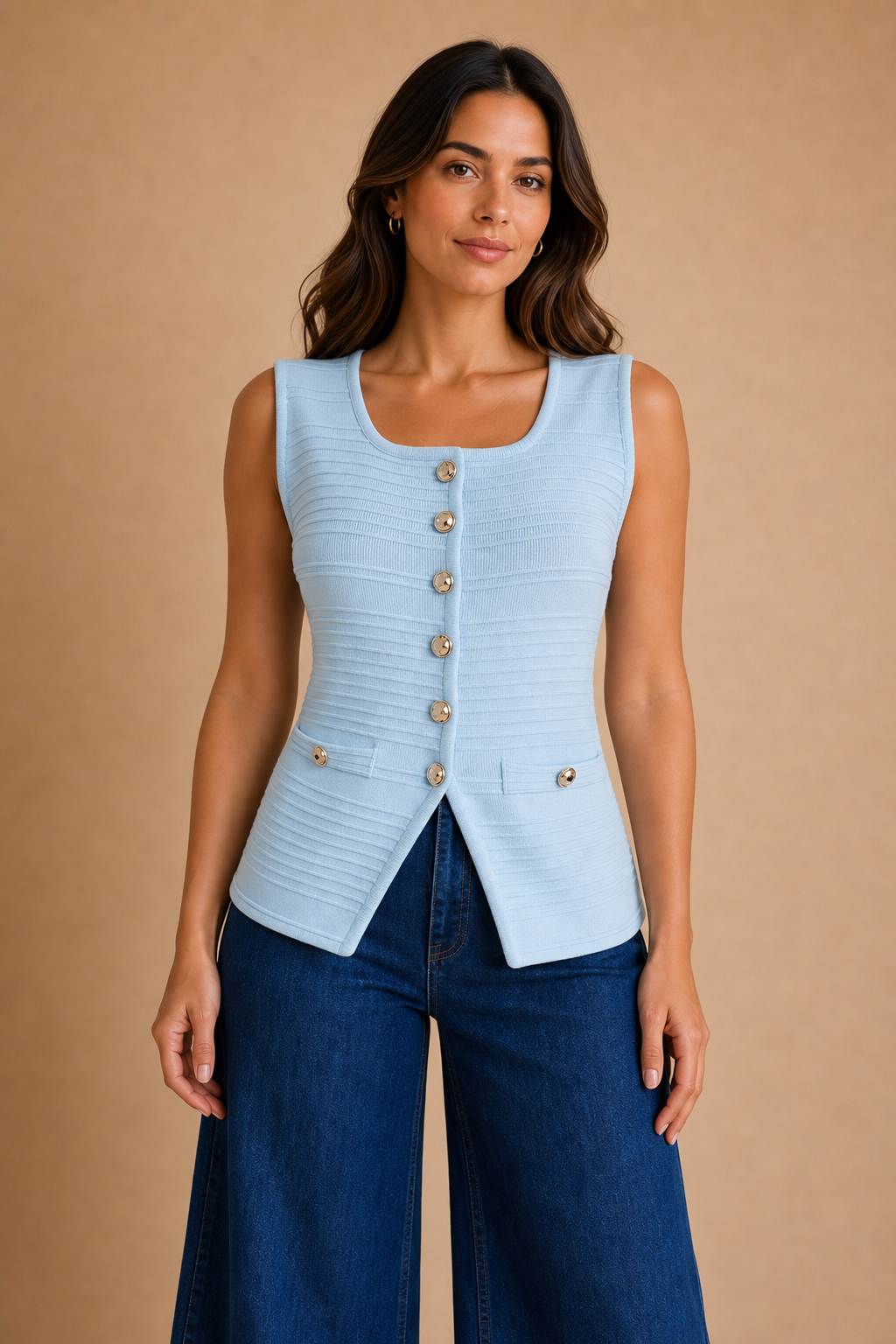 CAMISA DE TELA SUAVE AZUL SIN MANGAS CON RELIEVE DE LINEAS