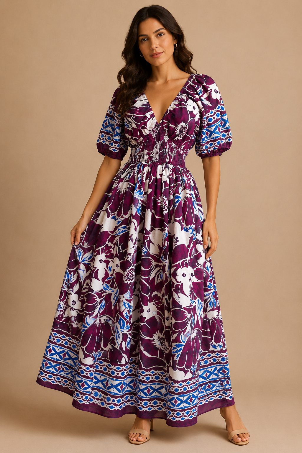 VESTIDO OCRE CON ESTANPADO AZUL Y CREMA