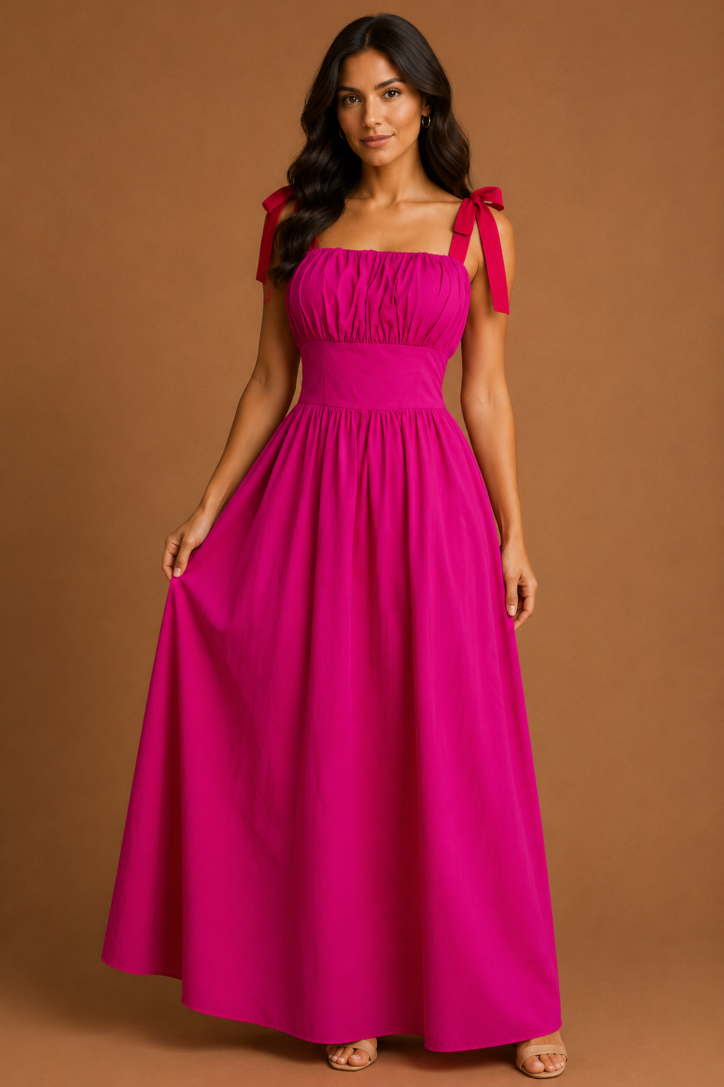 VESTIDO FUCSIA CON TIRANTES DE AMARRAR ROJOS