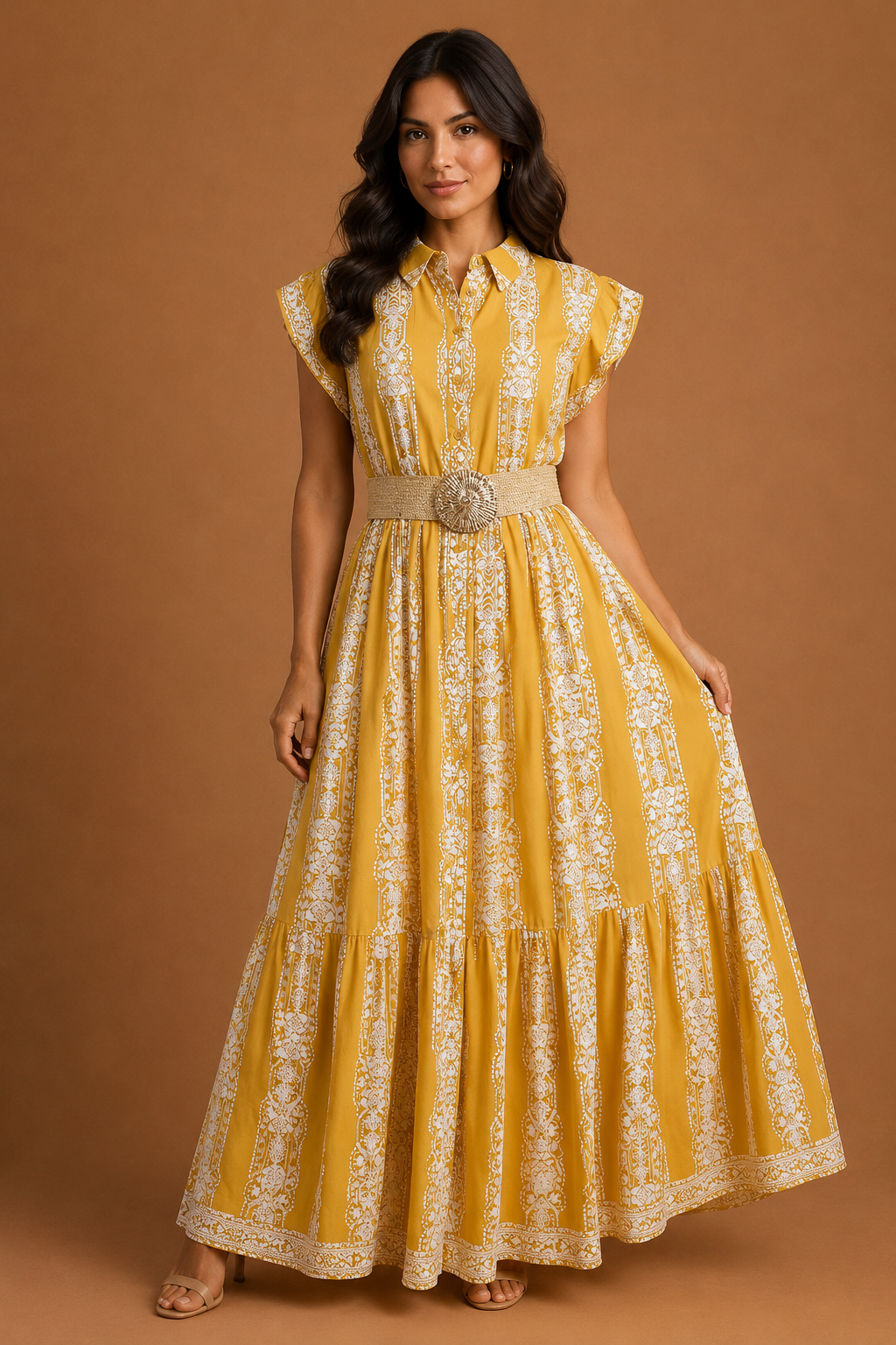 VESTIDO MOSTAZA CON DISEÑOS EN BLANCO