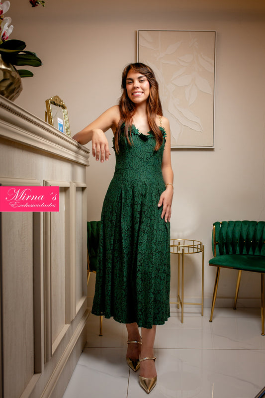 VESTIDO VERDE ESMERALDA CON TIRANTES DORADOS