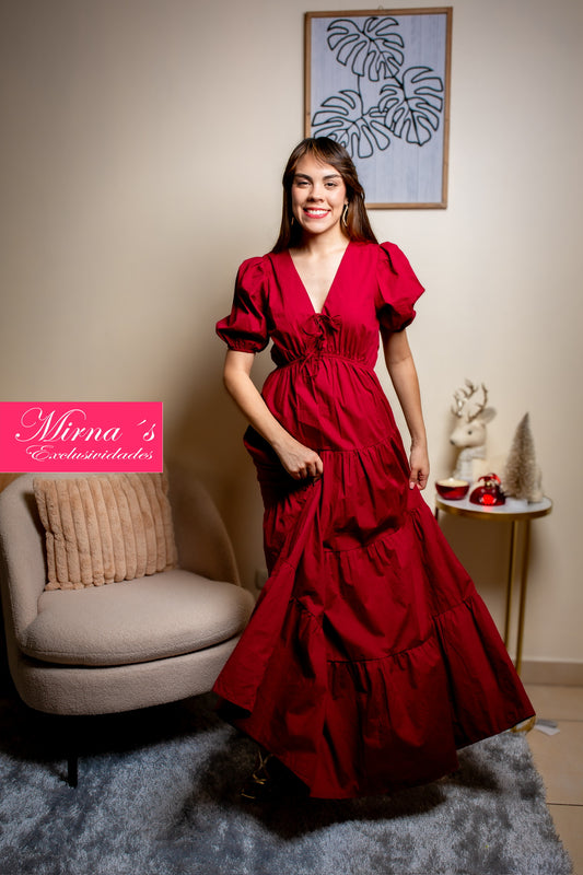 Vestido largo de corte fluido con mangas abullonadas