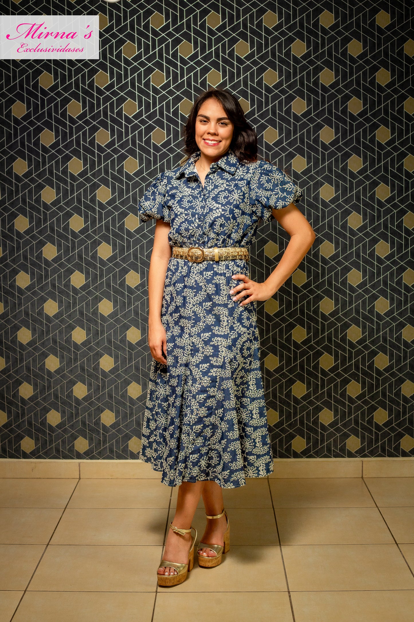 Vestido Midi Denim Floral