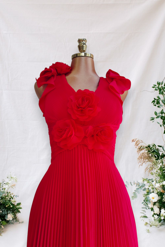 VESTIDO ROJO PLIZADOESPALDA DESCUBIERTA DE AMARRE DE CORNODES