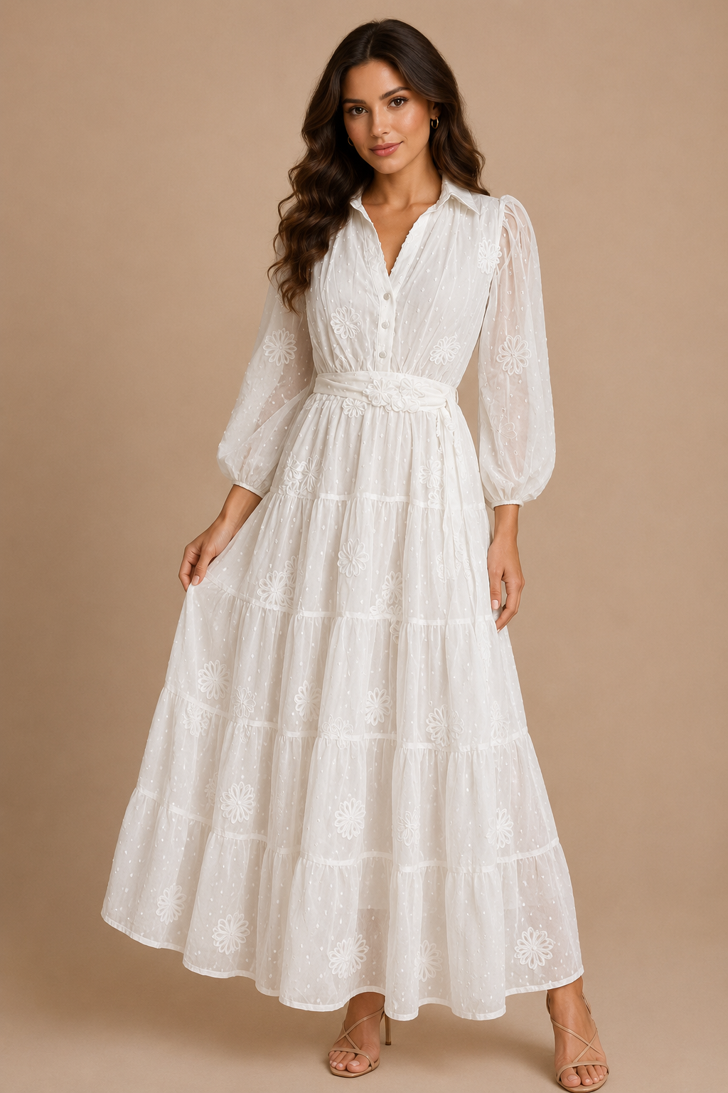 VESTIDO BANCO DE FORRO TRANSPARENTE Y MANGAS BONBACHAS