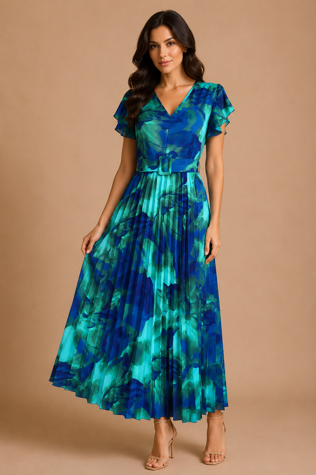 VESTIDO VERDE CON AZUL FALDA PLIZADA