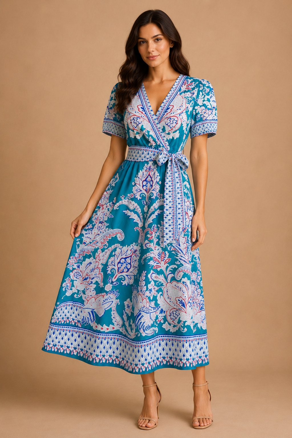 VESTIDO AQUA ESTANPADO DE COLORES CUELO EN V