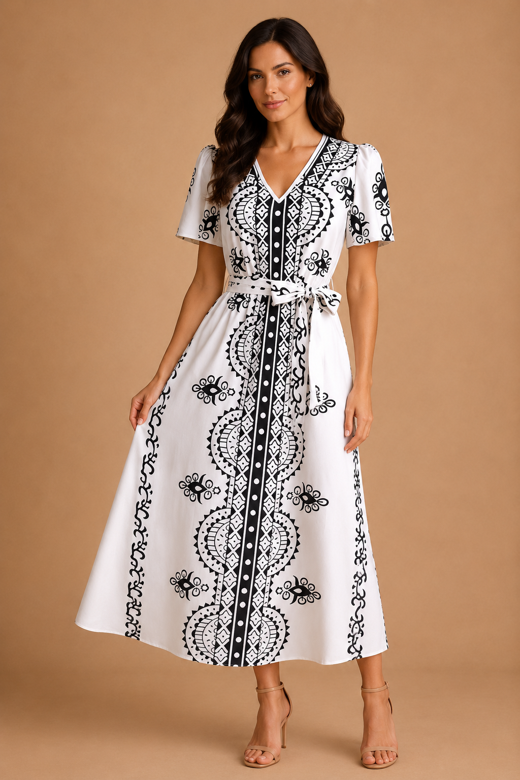 VESTIDO CREMA CON ESTANPADO NEGRO