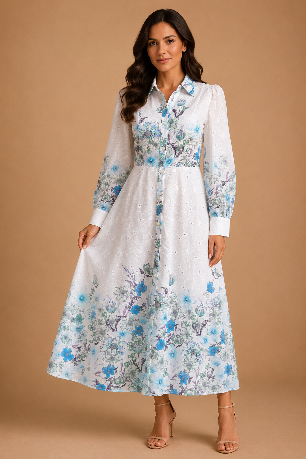 VESTIDO BLANCO DE MANGA LARGA CON FLORES AZULES