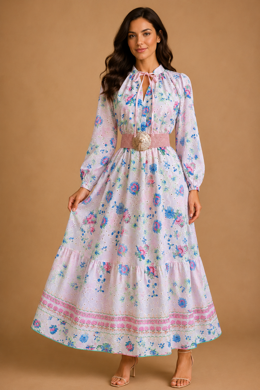 VESTIDO ROSADO ESTANPADO DE FLORES CON BORDADO DE FLORES EN CREMA