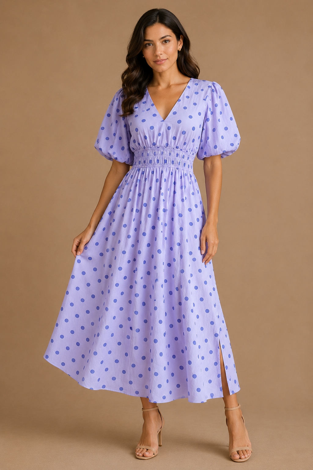 VESTIDO MORADO DE PUNTOS MANGAS BONBACHAS