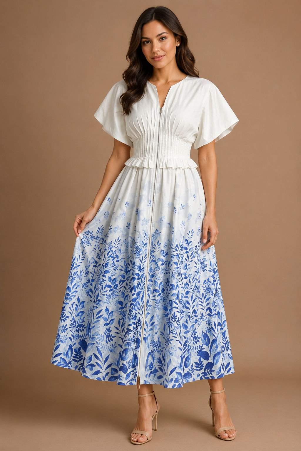 VESTIDO BLANCO CON PARTE DEBAJO DE HOJAS AZULES