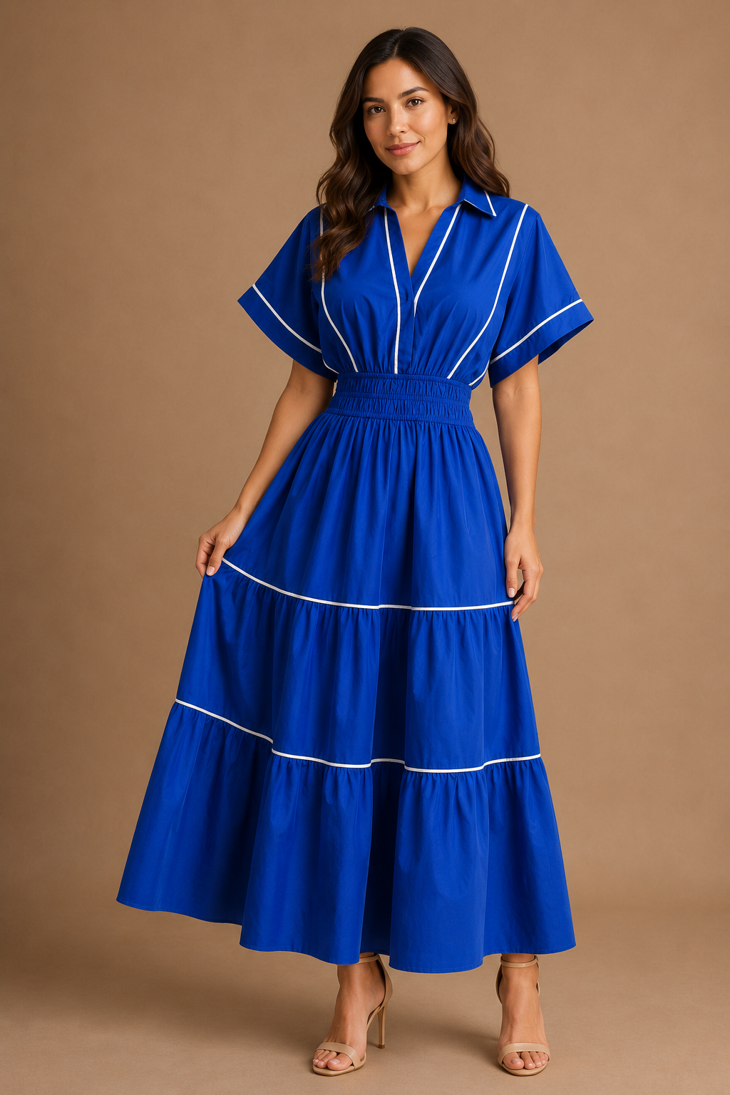 VESTIDO AZUL CON COSTURAS BLANCAS