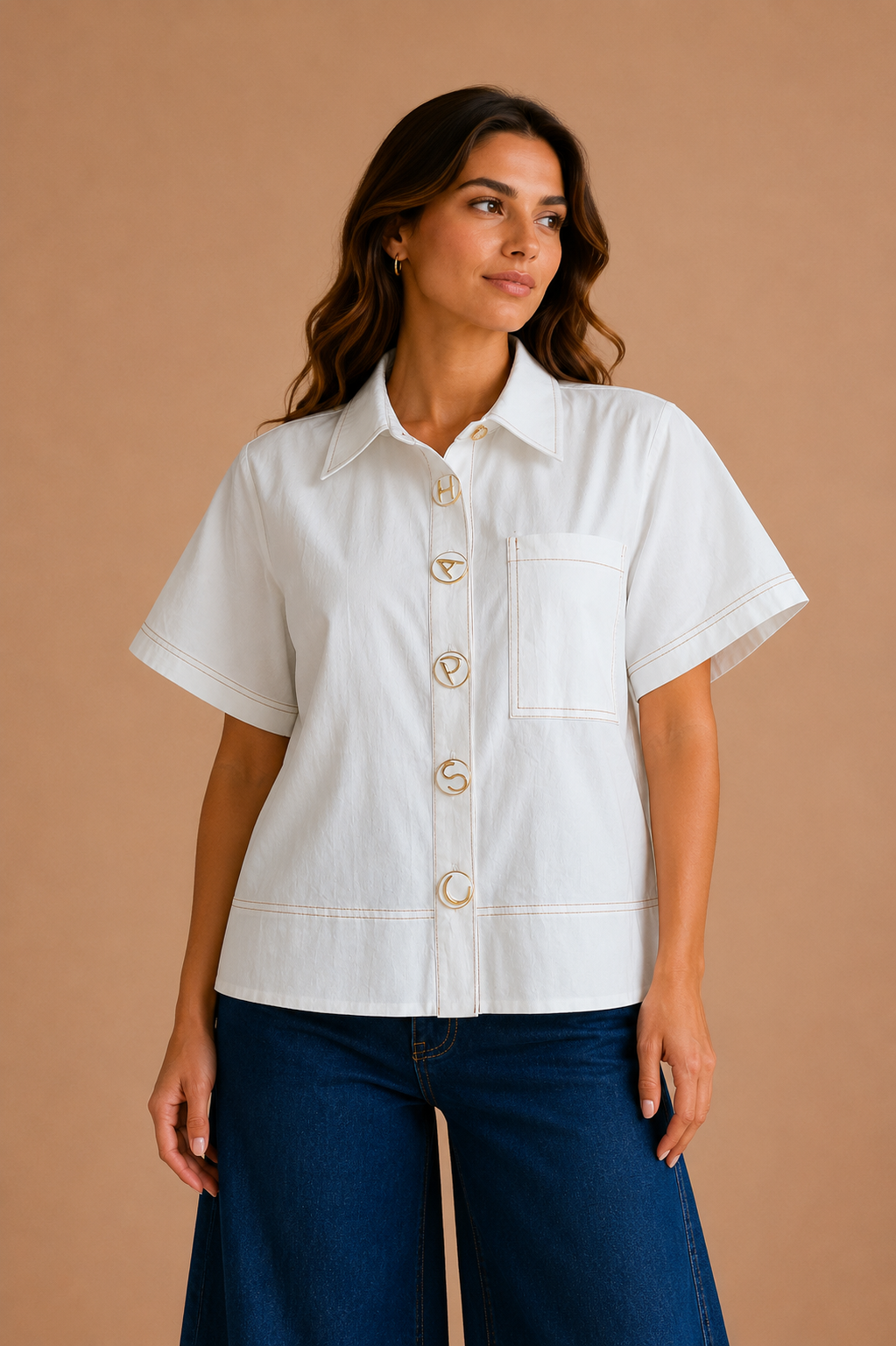 CAMISA BLANCA DE BOTONES BLANCOS CON LETRAS DORADAS