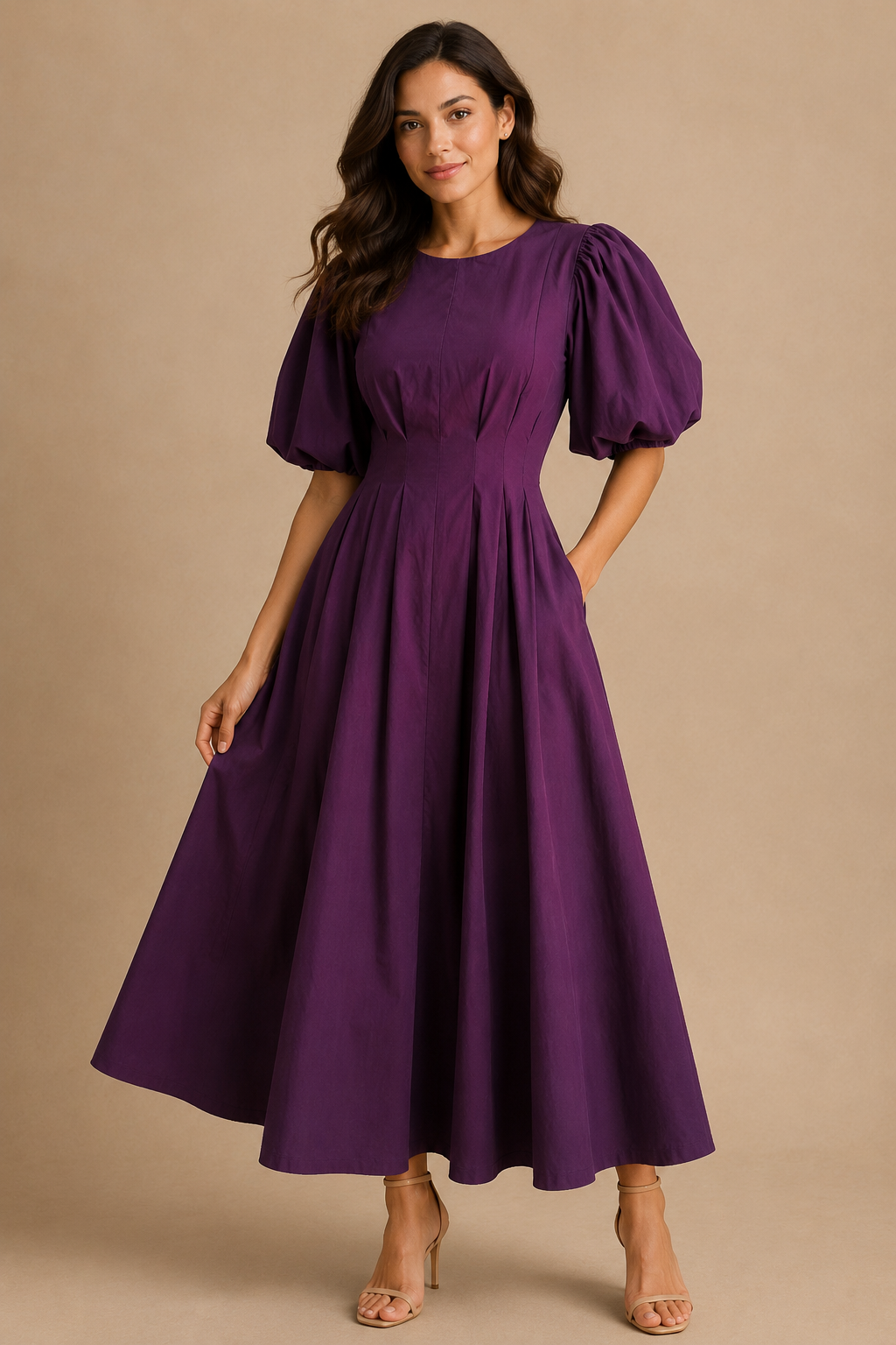 VESTIDO OCRE MANGAS BONBACHAS