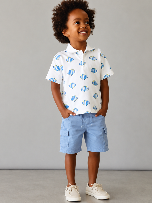 Conjunto de 2pcs camisa tipo polo de peces, y short azul cargo