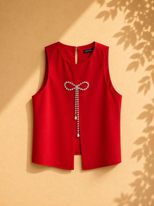 CAMISA SIN MANGAS ROJA DE CHONGO ALFRENTE D ACCESORIOS PLATEADOS