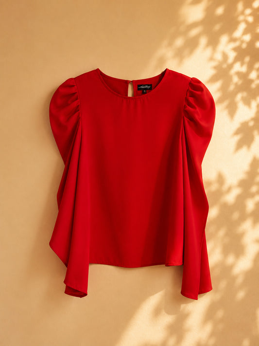 CAMISA MANGA LARGA HOMBRO BONBACHO ROJA CON BRILLOS