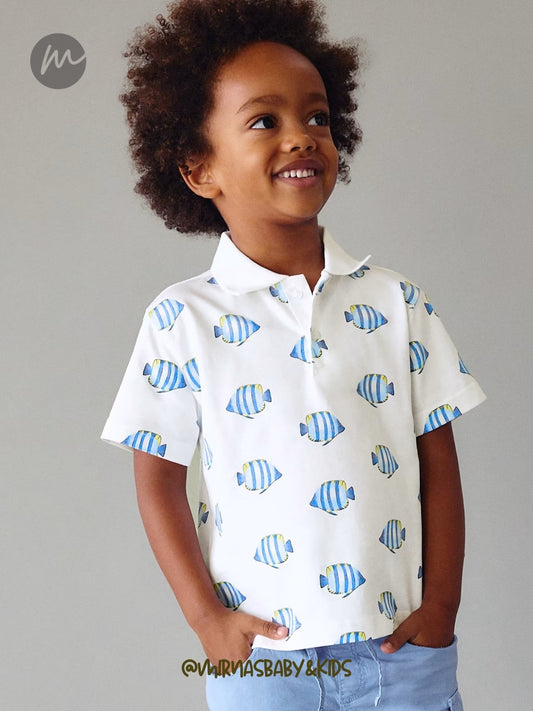 Conjunto de 2pcs camisa tipo polo de peces, y short azul cargo