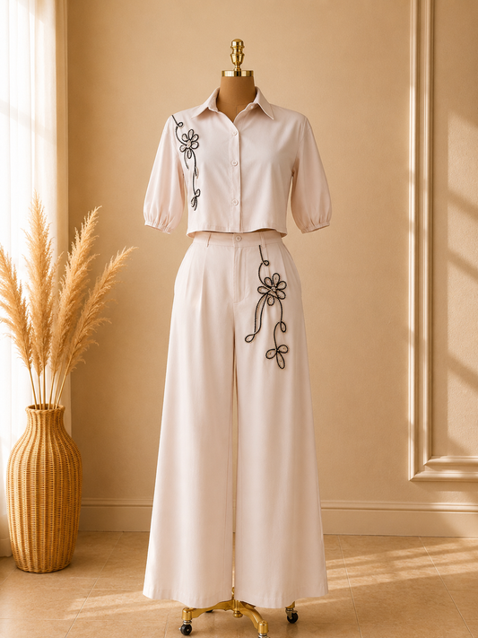 TRAJE CON BORDADOS AL LADO DERECHO DE LA CAMISA DE FLORES BLANCO Y NEGRO
