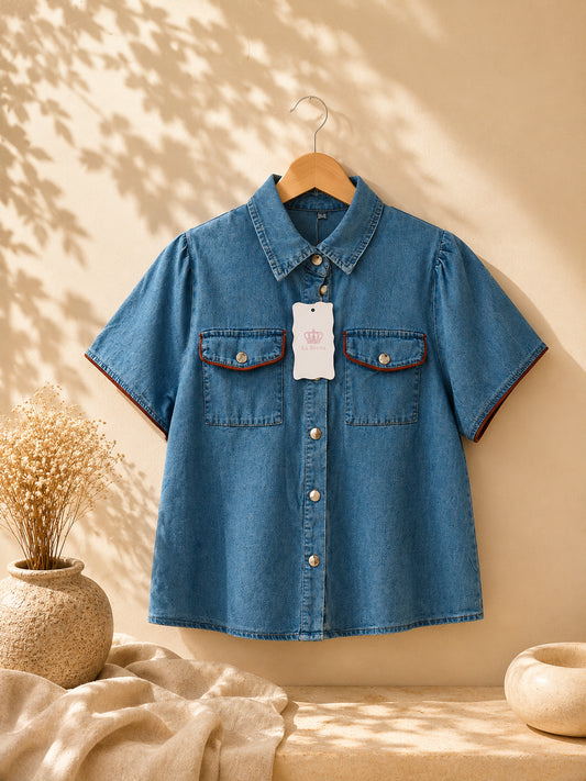 CAMISA ESTILO JEANS DE BOTONES CON BOLSAS ORILLA CAFÉ