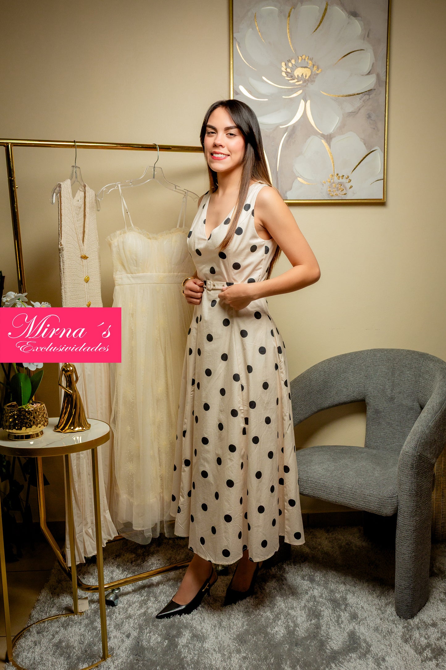 Vestido crema Polka dots negros