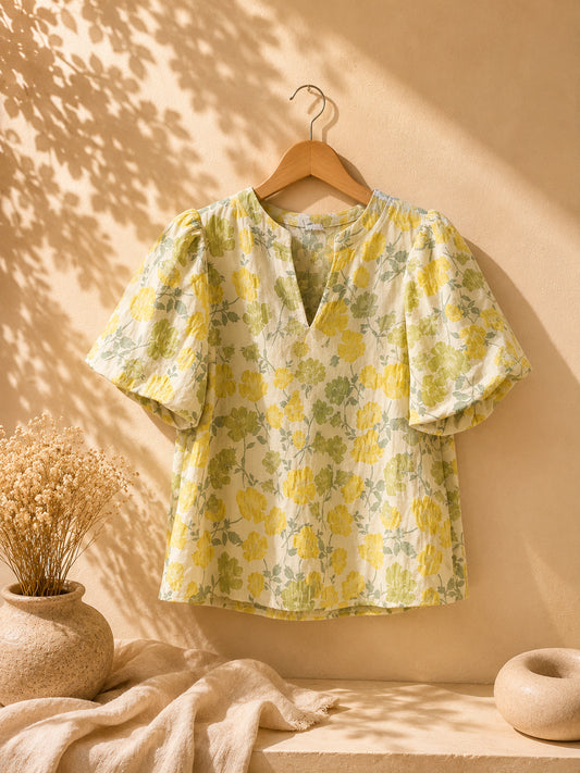 CAMISA VERDE CLARO CON FLORES AMARILLAS Y VERDES
