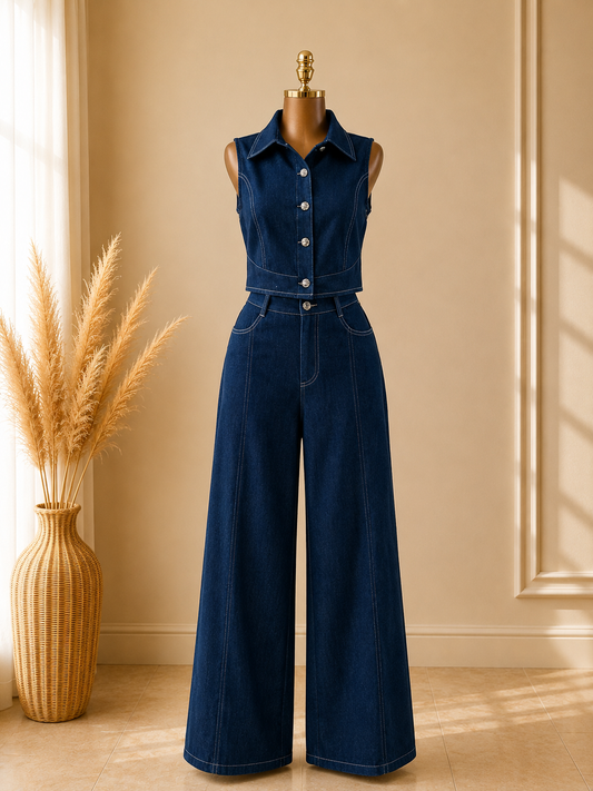 TRAJE JEANS SIN MANGAS DE COSTURAS BLANCAS
