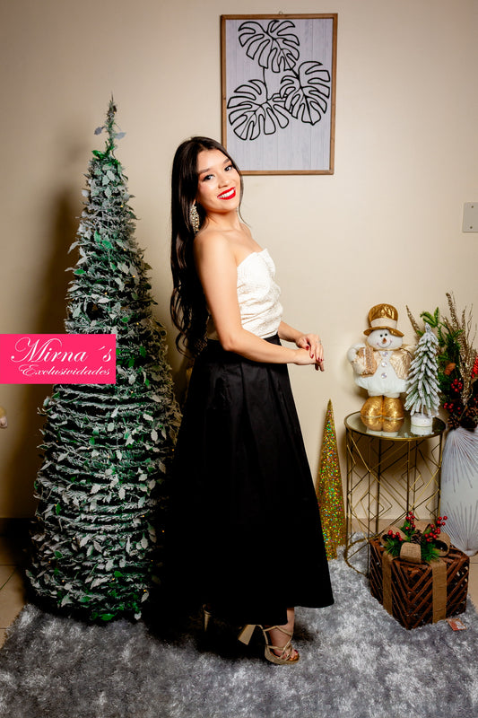 VESTIDO SIN MANGAS BLANCO CON FALDA  PLIZADA NEGRA