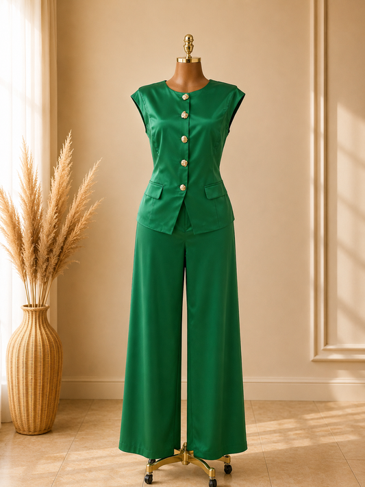 TRAJE VERDE SATINADO DE BOTONES DORADOS