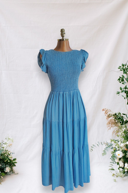 VESTIDO ESTILO JEANS DE ELASTICO LA PARTE DE ARRIBA