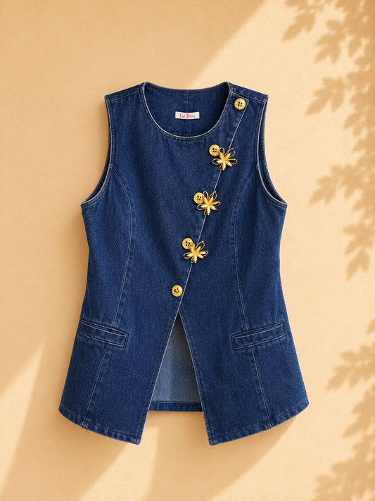 CAMISA JEANS SIN MANGAS CON BOTONES DE FLOR EN DIAGONAL