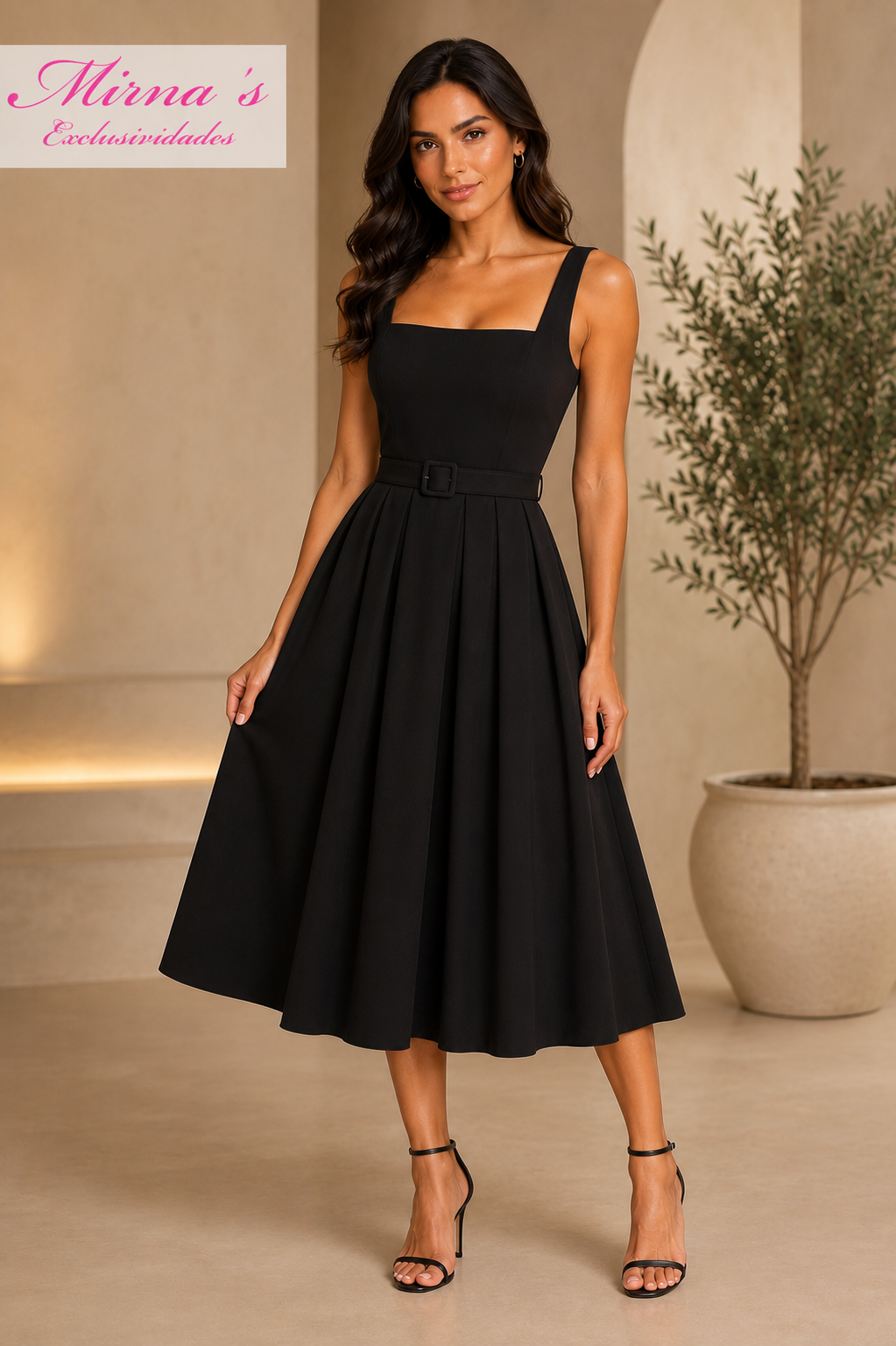 VESTIDO NEGRO LISO DE FALDA ANCHA DE TIRANTES