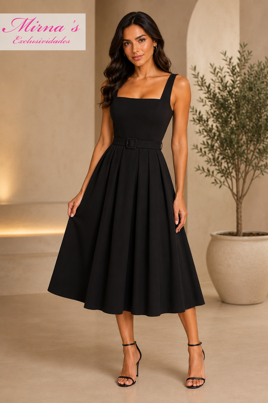 VESTIDO NEGRO LISO DE FALDA ANCHA DE TIRANTES