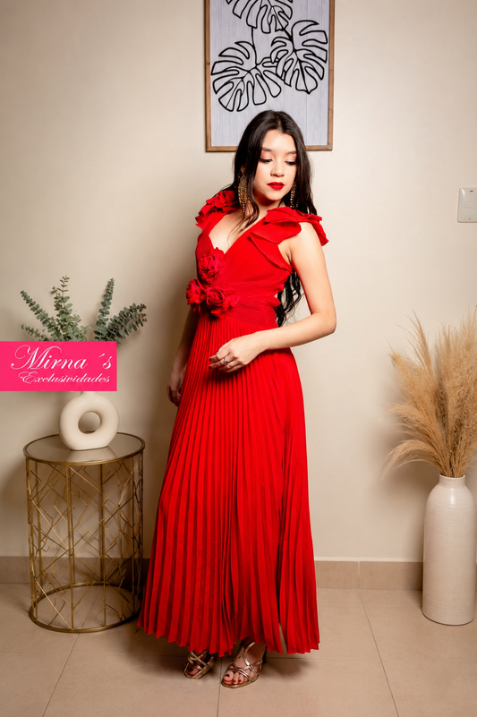 Vestido Rojo Plisado Con Flores