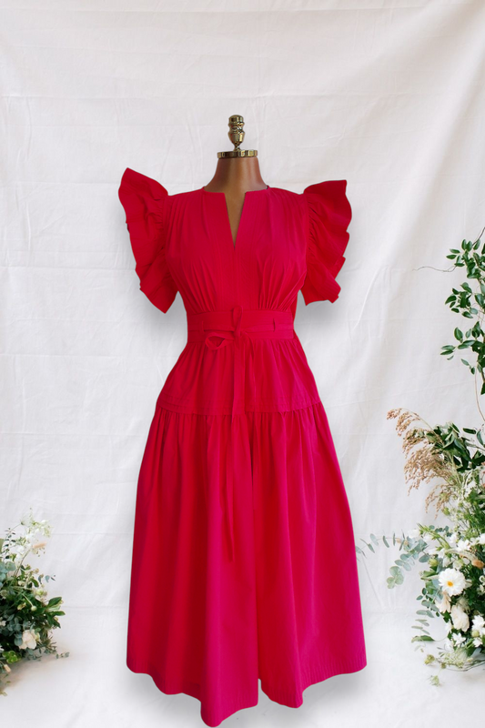 VESTIDO ROJO DE MAGAS DE REVUELO CUELLO CORTE V
