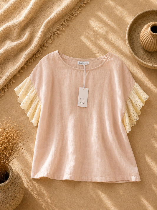 CAMISA LISA BEIGE CON MANGAS AMARILLAS