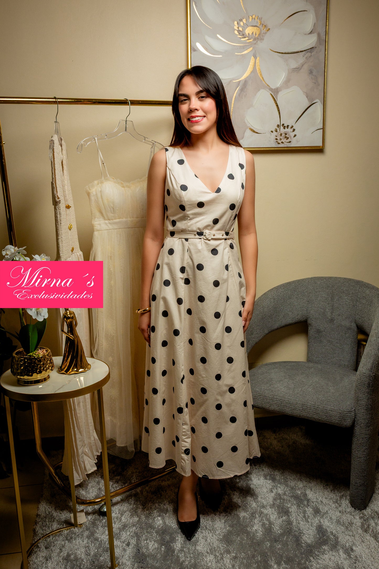 Vestido crema Polka dots negros