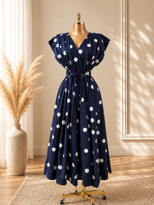 VESTIDO AZUL DE PUNTOS BLANCOS