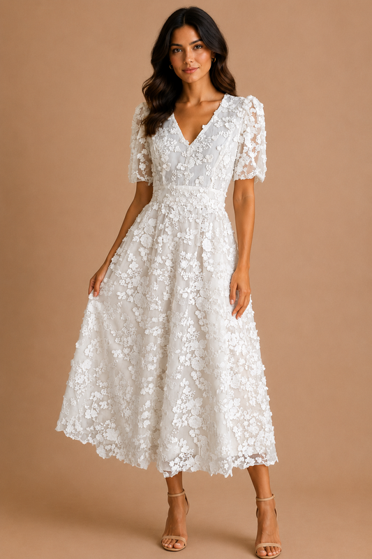 VESTIDO BLANCO HUESO DE FORRO DE TELA PUNTO CON FLORES