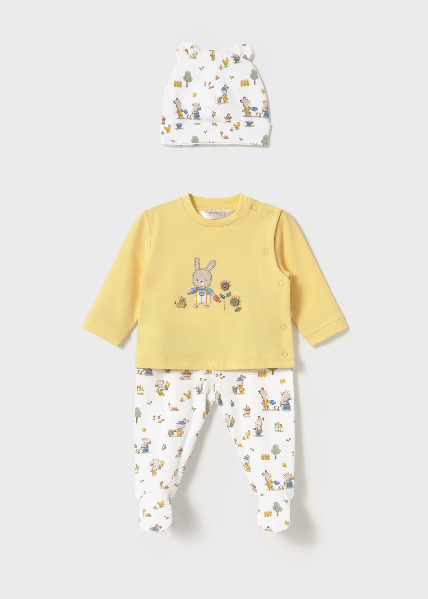 Conjunto 3 piezas camisa, pantalón y gorro amarillo conejo