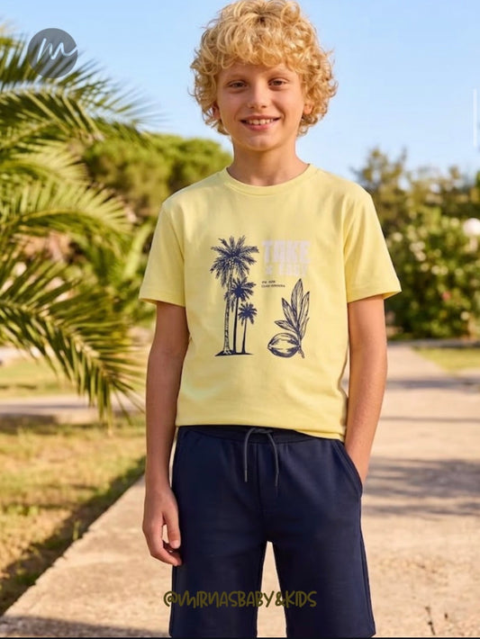 Conjunto de 2pcs camisa amarilla de short azul